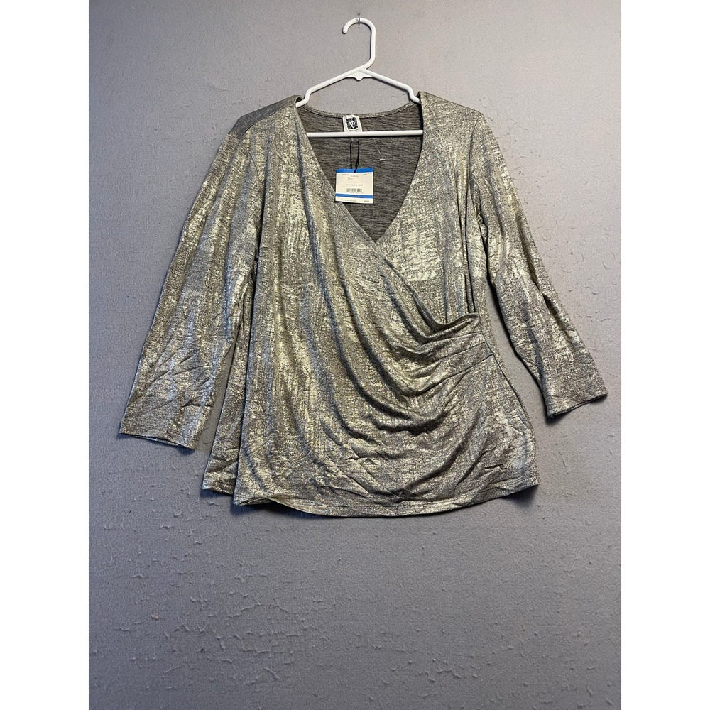 Anne Klein Wrap Top Metallic Knit Gold XL Womens
